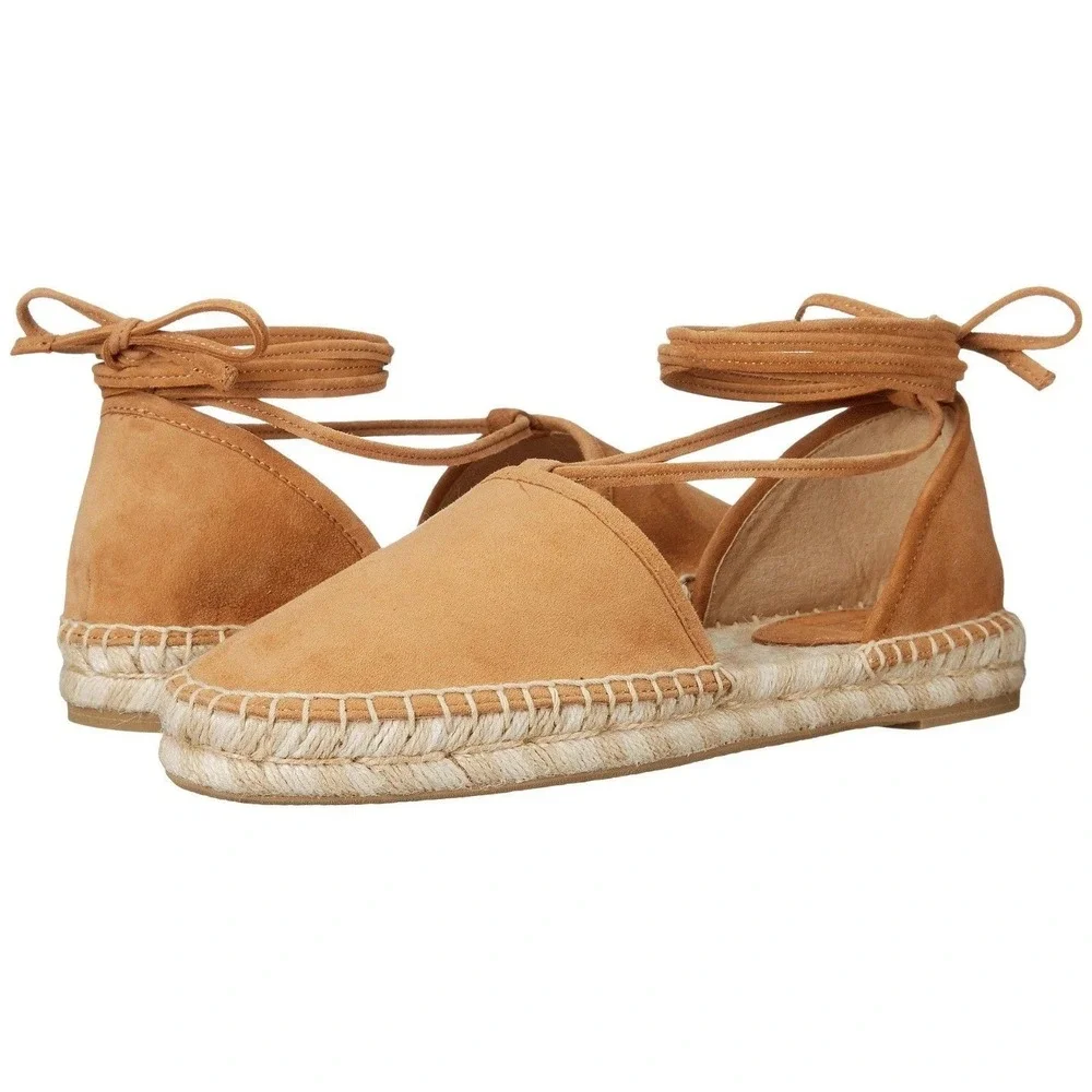 Frye Suede Espadrille Flats Summer 9 Tan Beach Sun Lace Up Ankle Tie CoastalBoho